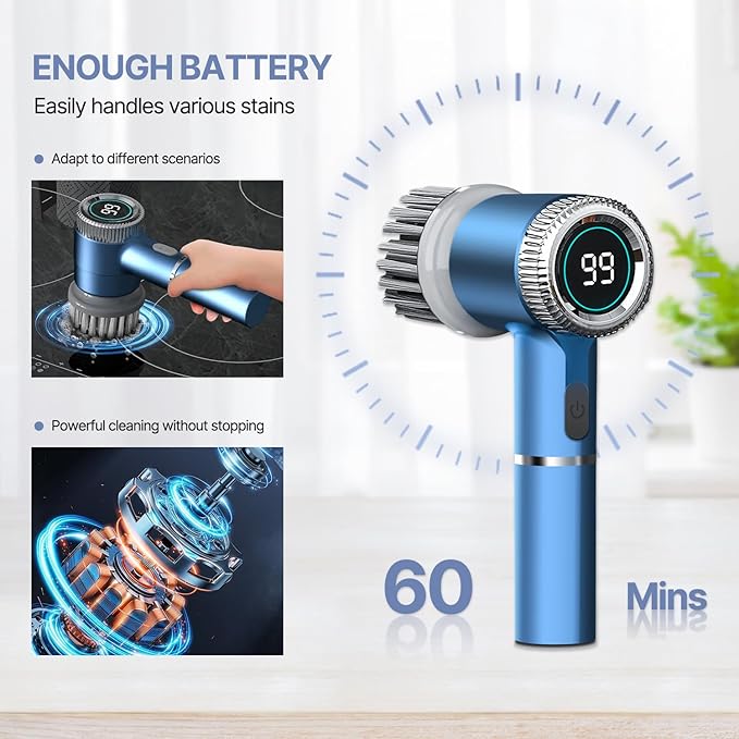 Electric Spin Scrubber – Cordless Rechargeable Cleaning Brush with 5 Brush Heads | IPX7 Waterproof for Bathroom, Kitchen & Car