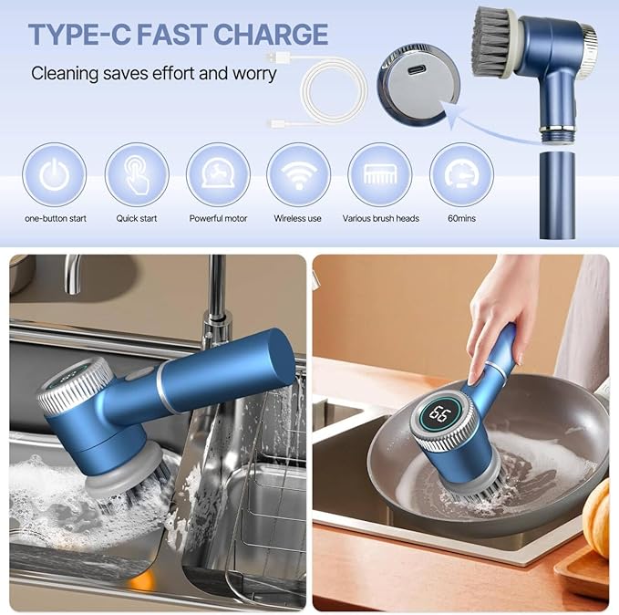 Electric Spin Scrubber – Cordless Rechargeable Cleaning Brush with 5 Brush Heads | IPX7 Waterproof for Bathroom, Kitchen & Car