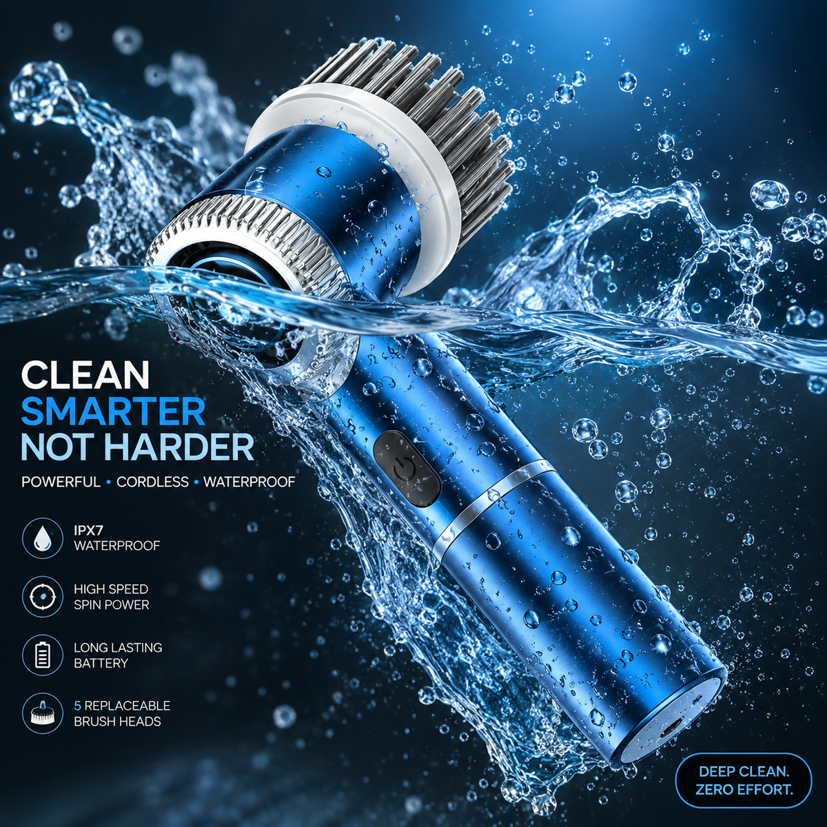 Electric Spin Scrubber – Cordless Rechargeable Cleaning Brush with 5 Brush Heads | IPX7 Waterproof for Bathroom, Kitchen & Car